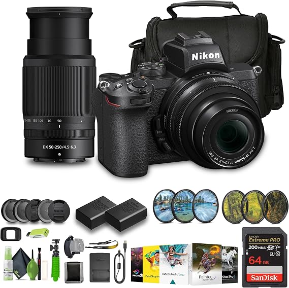 Nikon Z50 Compact Lightweight Mirrorless Camera with 16-50mm and 50-250mm Lenses + ENEL25 Replacement Battery + Extreme PRO 64GB Card+ UV Lens Filter + Photo Editing Software + More | For Photography & Video + 16-50mm Lens + 64GB Memory Card + More