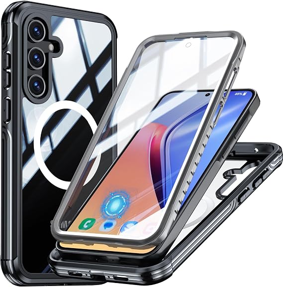 Case for Galaxy A55 5G,Full-Body Rugged Protective Clear Back Hybrid Magnetic MagSafe TPE+PC with Built-in Screen Protector Phone Case for Samsung Galaxy A55 5G (Black)