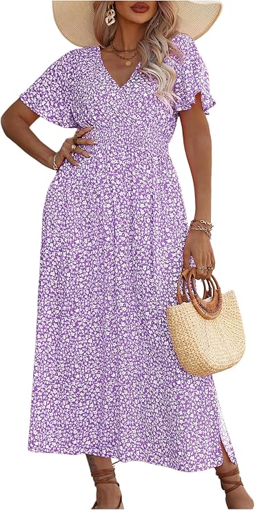 Floerns Women's Plus Size Boho Hawaiian Tropical Dresses V Neck Short Sleeve Floral A Line Long Dress Vacation Beach Outfits