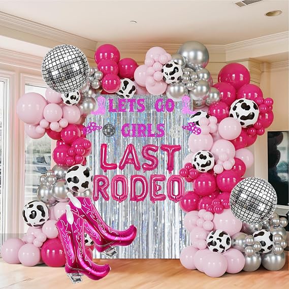 Last Rodeo Bachelorette Party Decoration Pink & Silver Disco Cowgirl Boot Cow Print Balloon Arch, Let's Go Girls Banner Photo Backdrop For Last Hoe Down Bridal Shower, Western Birthday,Nashville Decor