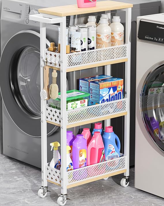 Giwil 4-Tier Slim Rolling Storage Cart for Kitchen Bathroom Organizer, Mobile Narrow Storage Cabinet Utility Cart with Wood Rack on Wheels for Pantry Laundry Small Space, White