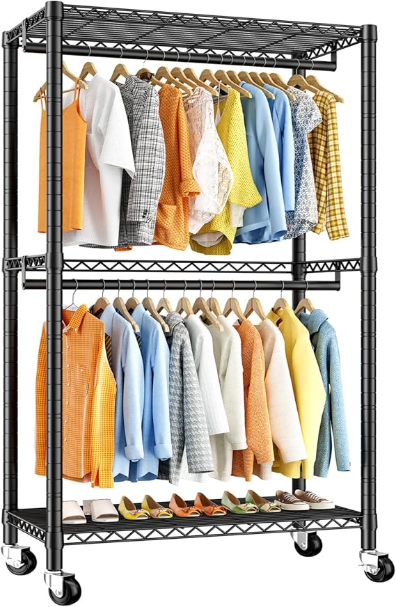 Raybee Clothes Rack,Heavy Duty Clothing Rack,Rolling Clothes Rack for Hanging Clothes,Portable Closet with Wheels Shelves for Bedroom,Closet Storage System