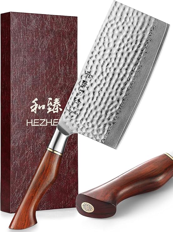 HEZHEN Chinese Chef Knife 6.8 Inch- Meat Cleaver, Chinese Cleaver Knife, Premium Damascus Powder Steel-Natural Rosewood Handle-Master Hammered Finish Series