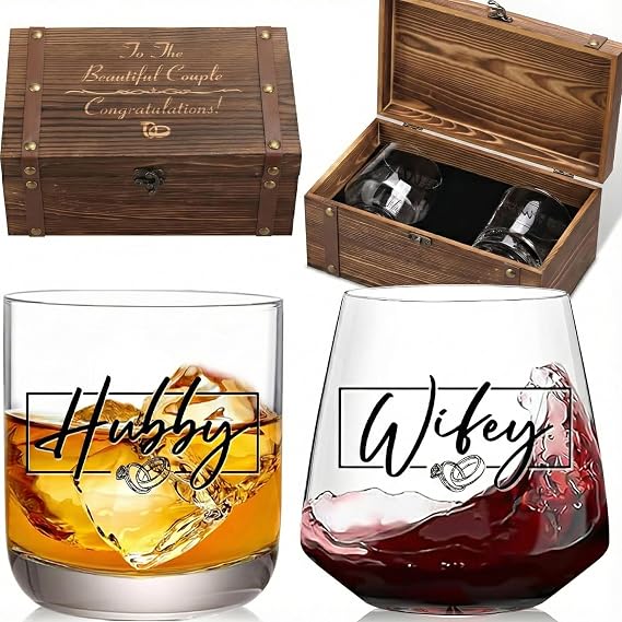 JOVGANK Wedding Gifts for Couples 2026, Hubby and Wifey Memory Wooden Box Set, Bridal Shower Gift, His and Hers Gift, Anniversary Couples Gifts for Bride and Groom
