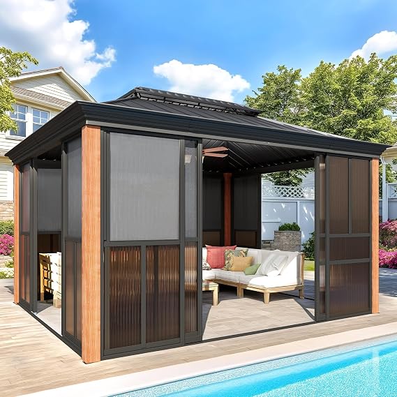 EROMMY 10x12 Wood Grain Sunroom Gazebo, Fully Enclosed Outdoor Sunroom with Sliding Doors, Galvanized Steel Double Roof Hardtop Gazebo, Aluminum Frame Wood Look Solarium for Backyard