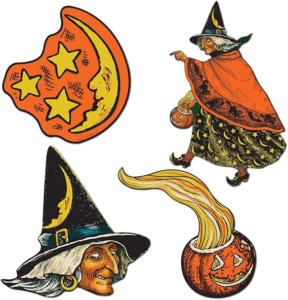 Beistle Vintage Halloween Cutouts, 4 Count, Retro-Inspired Witches and Moons, Classic Wall and Window Decorations for Haunted House and Party Displays, 6.5 - 10.5