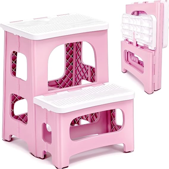 2 Step Stool Foldable, Non-Slip Steps, Folding Step Stool for Adults, Plastic Stool Pool Ladder, Collapsible Stools 2 Step Ladder for Kitchen Toilet Bedroom Office RV, Holds 330 lbs