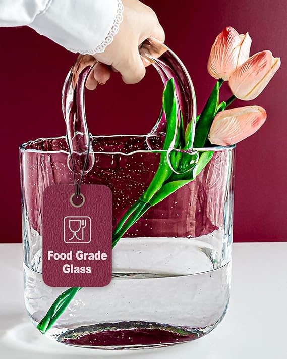 OLEEK Purse vases for Flowers (Handmade) Glass Bag vase -10 Inches- Blue for centerpieces & Fish Bowl - Handbag Unique Flower vase Decorative - Glass Handbag vases for Cute Room Decor