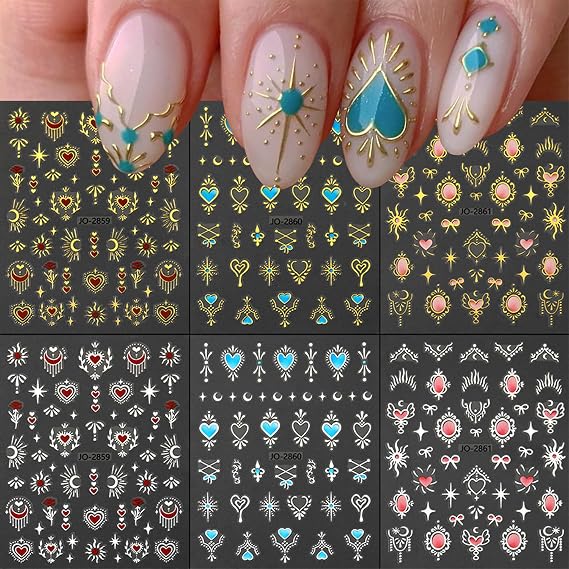 Bow Love Heart Nails Stickers Decals Star Moon Nails Art Stickers Self-Adhesive Gold Silver Design Nail Art Decals for Women DIY Manicure Decorations 6 Sheets
