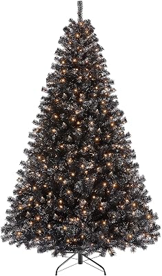 Yaheetech 7.5Ft Pre-Lit Halloween Black Artificial Hinged Christmas Pine Tree Prelighted Xmas Tree for Home Party Holiday Decoration with 550 Clear Warm White Lights and 1354 Branch Tips