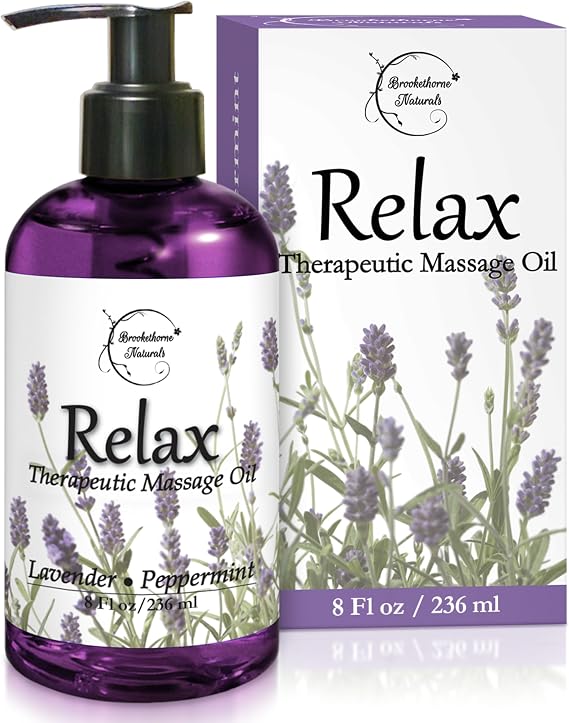 Relax Therapeutic Body Massage Oil - with Best Essential Oils for Sore Muscles & Stiffness Lavender, Peppermint & Marjoram - All Natural - with Sweet Almond, Grapeseed & Jojoba Oil 8oz