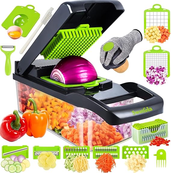 18-in-1 Gemüseschneider & Gemüsehobel mit 7 Klingen Multifunktionaler Gemüsezerkleinerer für Obst und Gemüse inklusive Handschuh Schäler und Reinigungsbürste
