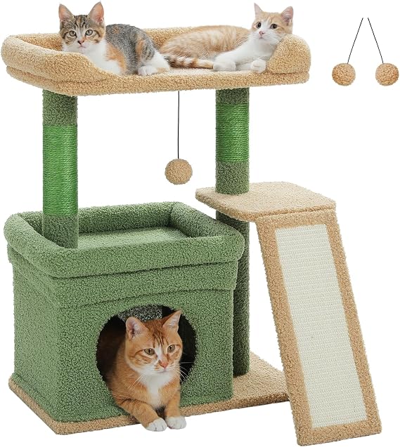 PAWZ Road 27'' Cat Tree with Large Perch, Condo Green | Sisal scratching post, scratching board, dangling ball, space-saving design, climbing, resting, daily claw care