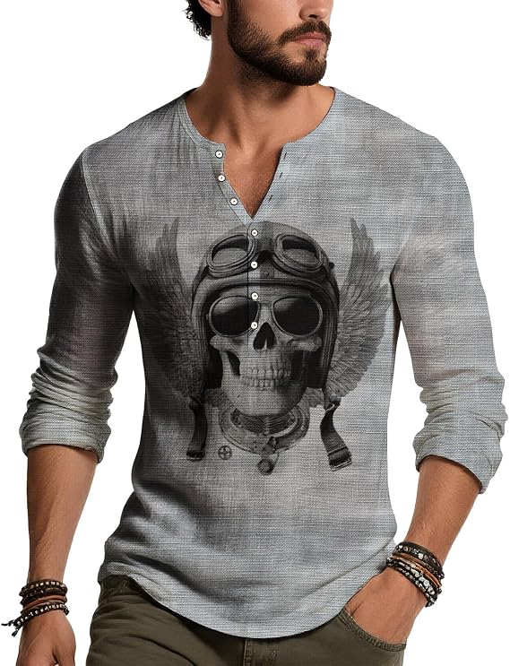 Mens Skull Print Shirt Spring Casual Henley Shirts Distressed Retro Long Sleeve Button Tops Lightweight Street
