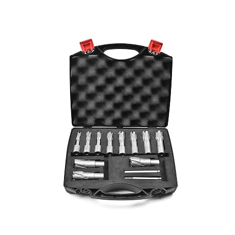 Annular Cutter Set JESTUOUS 3/4 Inch Weldon Shank 1-3/8 Cut Depth 13pcs | Carbide TCT,cutting diameter from 1/2 to 1-1/8,2 flat,with 2 pilot pins,for Drill Press