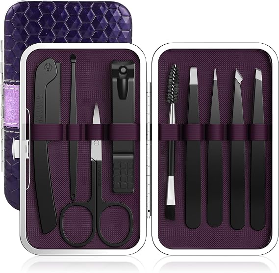 9PCS Tweezers Set for Facial Hair, Precision Tweezer for Eyebrows with Curved Scissor and Eyebrow Razor for Ingrown Hair as Stocking Stuffers Gifts for Women/men