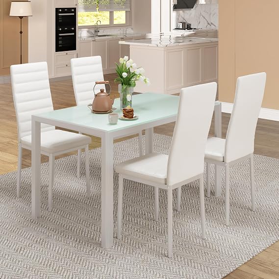 Bealife Kitchen Dining Table Set for 4, Tempered Glass 5 Piece - White