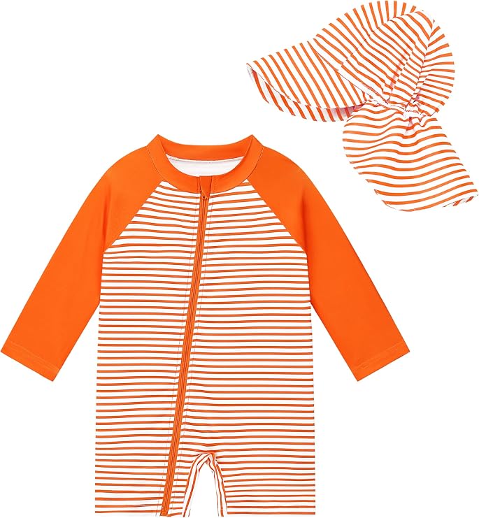 UPF 50+ Baby Toddler Boy One Piece Swimsuit with Sun Hat Long Sleeve Zipper Rashguard Bathing Suit for Infant