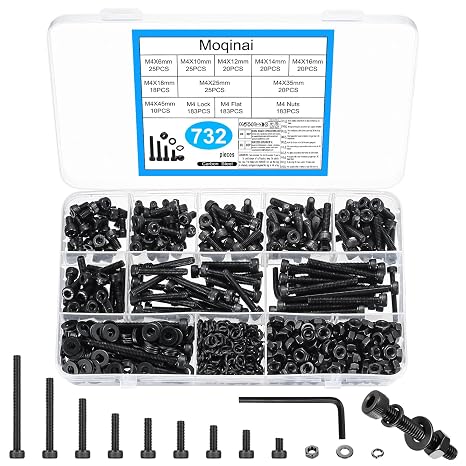 732 Pcs M4 Screw Set,M4 Bolts and Nuts Set,Black Carbon Steel Hex Socket Cap Screws Nuts and Washers Assortment, Machine Screws Kit, High-Strength Threaded Fasteners Set for DIY & Repairs