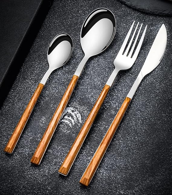 Wood Silverware Set for 8 Modern Cutlery Utensils 18/10 Stainless Steel Flatware Set Wood Grain Handle 32 Piece Include Knives Forks and Spoons Tableware Set for Home Kitchen Restaurant
