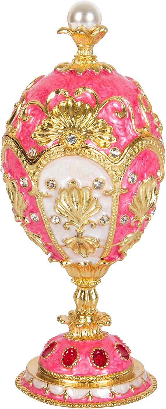 QIFU Hand Painted Enameled Pink Easter Egg Decorative Hinged Jewelry Trinket Box Unique Gift for Home Decor