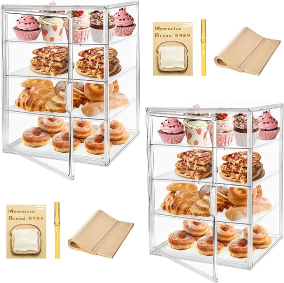 2PCS Pastry Display Case,Large Bakery Cookie Display Stand for Kitchen Countertop,4 Layers Adjustable Clear Bread Storage with Magnetic Door Bread Box and Cupcake Kitchen Counter 15.5x11.4x9.8 Inch