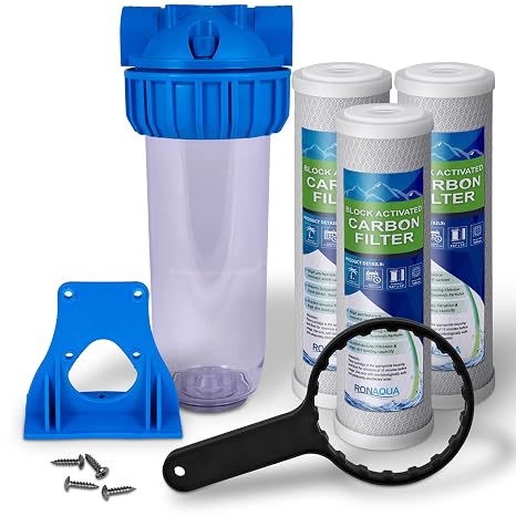 10 Inches Transparent Standard Whole House Water Filter System with Presser Relief Valve, 3/4 Inlet/Outlet Brass Port and Yearly Supply (3) Block Activated Carbon Cartridges 5 Micron