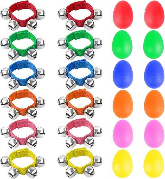 Augshy 24 Packs Shaker Musical Instruments for Kids, 12 Packs Egg Shaker and 12 Packs Wrist Hand Band Jingle Bells