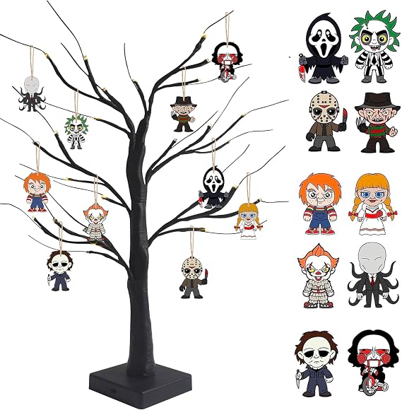 BIGSPINACH Black Halloween Tree with LED Lights and Spooky Wooden Hanging Ornaments Horror Movie Ornaments, Light Up Halloween Decor