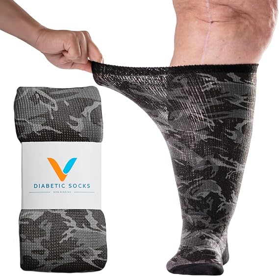 Viasox EasyStretchTM Diabetic Socks for Men & Women, Non Binding Top, Seamless Toe, Loose Fit, Camo