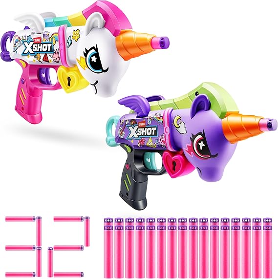 XSHOT Blastercorn 2-Pack by ZURU – Unicorn-Themed Dart Blasters in White & Purple with Flapping Wings, 32 Air Pocket Darts & 90ft Range, Outdoor Toy for Kids Ages 8+, Teens & Adults
