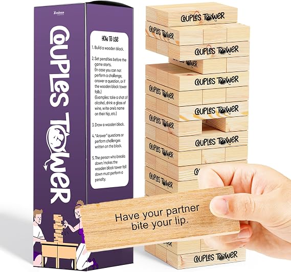 Couples Tower Stacking Wooden Block Game for Grown Ups Romantic Dare Questions All Genders & Relationships Make Date&Game Night Fun w/54 Pieces