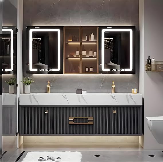 Bathroom Vanity Double Sink, 52" Bathroom Vanity Cabinet, Floating Wall Mount Bath Vanity for Bathrooms, Solid Wood Luxury Restroom Vanities with Smart LED Anti-Fog Mirror & Glass-Door Shelf (Black)