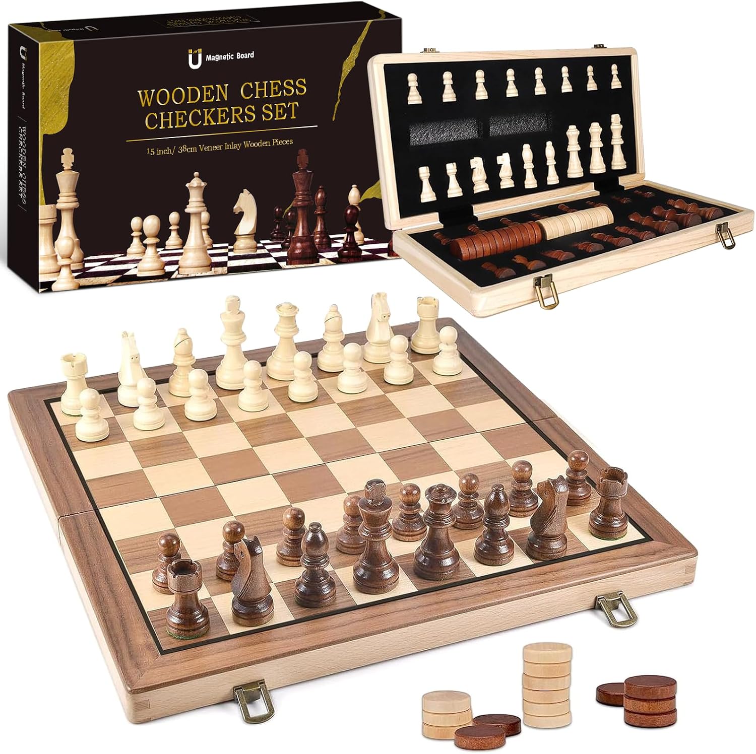 40 x 40 cm Tragbare Schach Klappbar Holzschachspiel für Erwachsene Tragbares Schachbrett Faltbares magnetisches Schachspiel Brettspiel für Kinder Anfänger Reisen Schachfigurenset