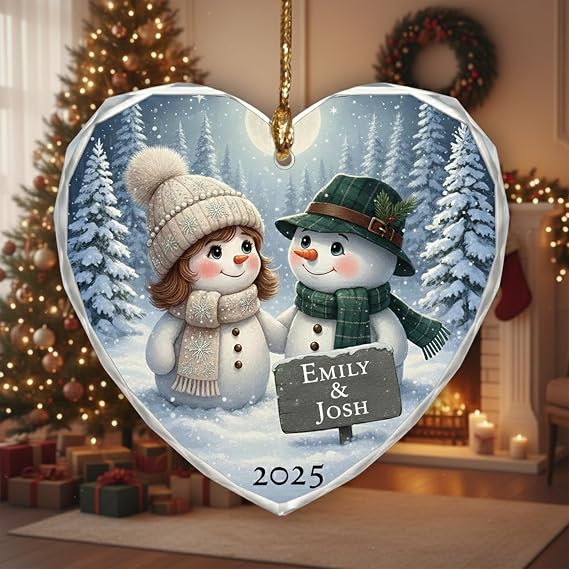 Personalized Snowman Couple Glass Ornament 2025, Custom Couple Christmas Ornament with Names, Romantic Heart Shaped Holiday Keepsake, Customizable Christmas Tree Ornament for Couples.