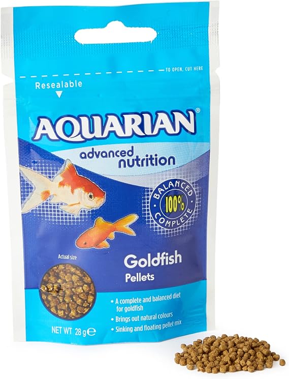 AQUARIAN Complete Nutrition, Aquarium Goldfish Food Pellets Also Suitable for Small Pond Fish, 28g Bag