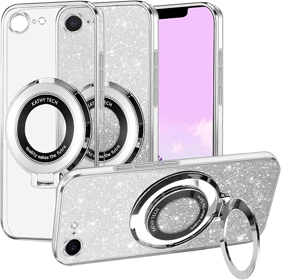 Phone Case for iPhone 16e Clear Glitter Magnetic with Ring Stand Compatible with MagSafe Silicone Cover Slim Cute for iPhone 16e Case Bling Aesthetic Luxury (Silver)