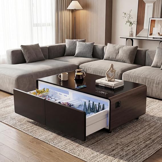 Smart Coffee Table with 135L Fridge Drawers, Speaker & Wireless Charging