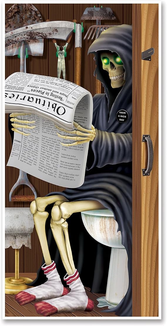 Beistle Grim Reaper Restroom Door Cover, 5 x 30 Plastic for Outdoor & Indoor Use Easily Display Halloween Themed Bathroom Door Cover, Spooky Season Decor, Novelty Halloween Decorations