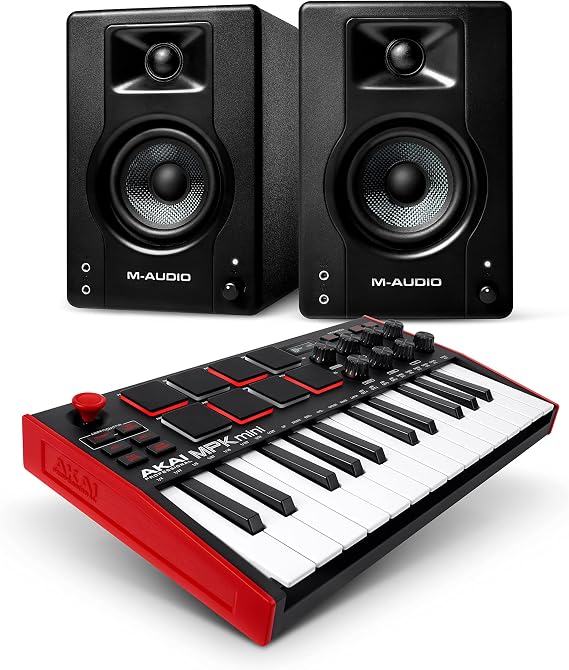 Recording Studio Bundle - AKAI Professional MPK Mini MK3 MIDI Keyboard Controller and 3.5" Studio Monitor Speakers with Music Production Software