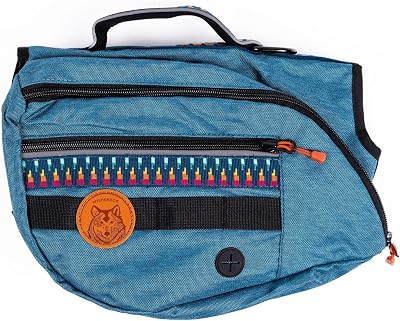 Widlerdog Dog Backpack with Built in Harness and Back-Mounted D-Ring Leash Attachment, Handle, Two Saddlebags with 4 Total Pockets, Built in Poop Bag Dispenser Pacific Blue, Medium