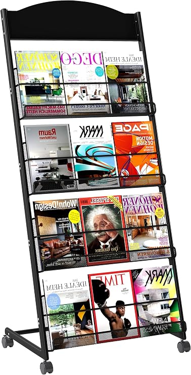 Brochure Display Stand 4 Layer Floor-Standing Magazine Rack Literature Newspaper Catalog Display Holder with Wheels and Top Billboard for Exhibitions,School, Hotel, Hospitals, Offices (Black)