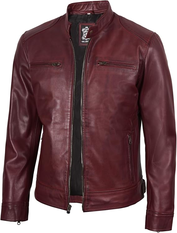 fjackets Mens Leather Jacket - Real Lambskin Cafe Racer Jacket Stand Collar Moto Biker Zip Jacket For Men