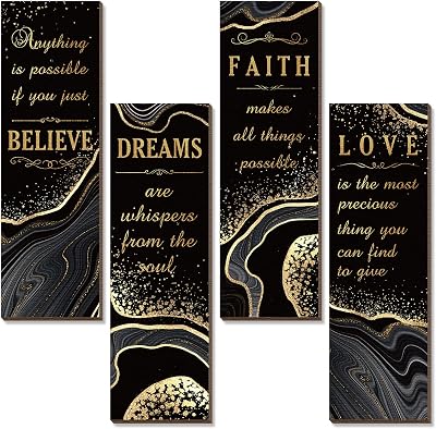 Chitidr 4 Pcs Golden Bathroom Wall Decor Inspirational Quote Wooden Sign Gold Art Signs Love Faith Believe Dream Wall Decor for Living Room Bathroom Accessories11.4 x 3.5 Inch,Black and Gold