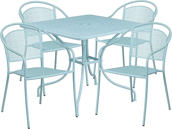 Flash Furniture 35.5" SQ Patio Table Set - 4 Round Back Chairs, Sky Blue