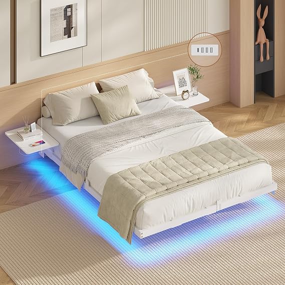 AOGLLATI Metal Bed Frame 140 x 200 cm Bed 140 x 200 cm with LED Lighting and Charging Station Floating Bed Frame with Storage Shelves Metal Bed with Slatted Frame (without Mattress) (White 140 x 200 cm)