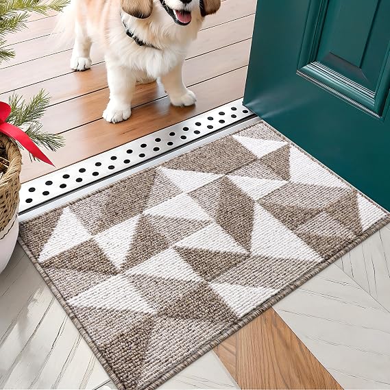 OLANLY Door Mat Indoor Entrance Washable 30x17, Odor-Free Low-Profile Front Back Geometric Doormat, Absorbent Resist Dirt Entry Carpet, Easy to Clean Sturdy Inside Floor Mats for Entryway, Brown
