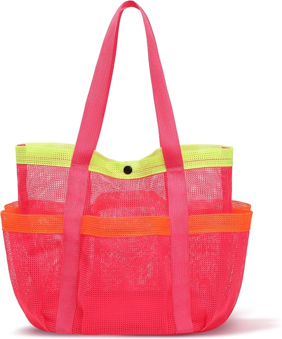 Mesh Beach Bag, Foldable Waterproof Sandproof Beach Storage Tote with 6 Pockets, Swim Tropical Vacation Pool Essential