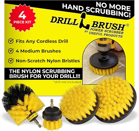 Drillbrush 4 Piece Cleaning Tool Attachment Kit For Scrubbing/Cleaning Tile, Grout, Shower, Bathtub, And All Other General Purpose Scrubbing (All Purpose Medium-Yellow)
