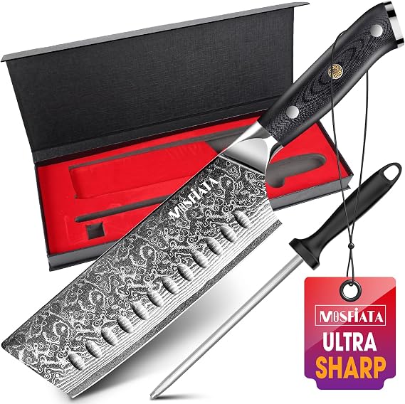 MOSFiATA 7'Nakiri Knife Damascus Professional Sharpe Chef Knife, Kitchen Knifed Damascus Steel VG-10 Blade with Ergonomic Handle Sharpener